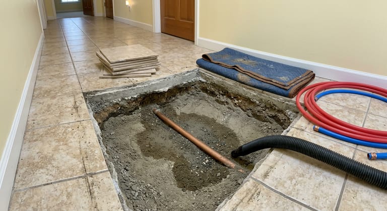 Rectangular opening cut through a tile hallway floor with the tiles stacked aside, broken concrete removed, and a copper water line exposed in wet sand at the bottom.